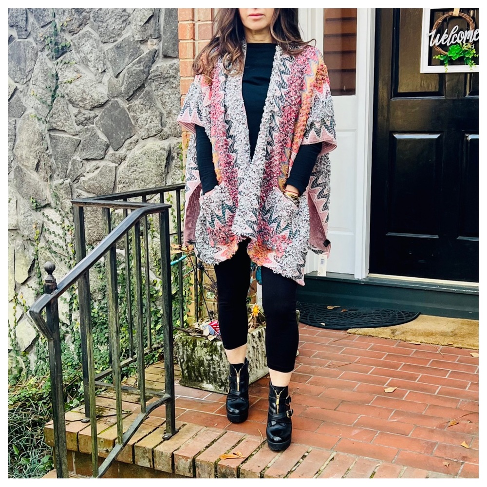 #48 BOHO MULTI COLORS KNIT OPEN PONCHO KIMONO CARDIGAN
